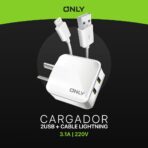 CARGADOR 220V ONLY MOD 02 - 2 USB + CABLE LIGHTINING - BLANCO - Imagen 4