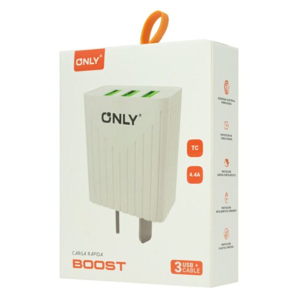 CARGADOR 220V MODO-008 BOOST - 4,4A - 3USB + CABLE TIPO C - ONLY - BLANCO